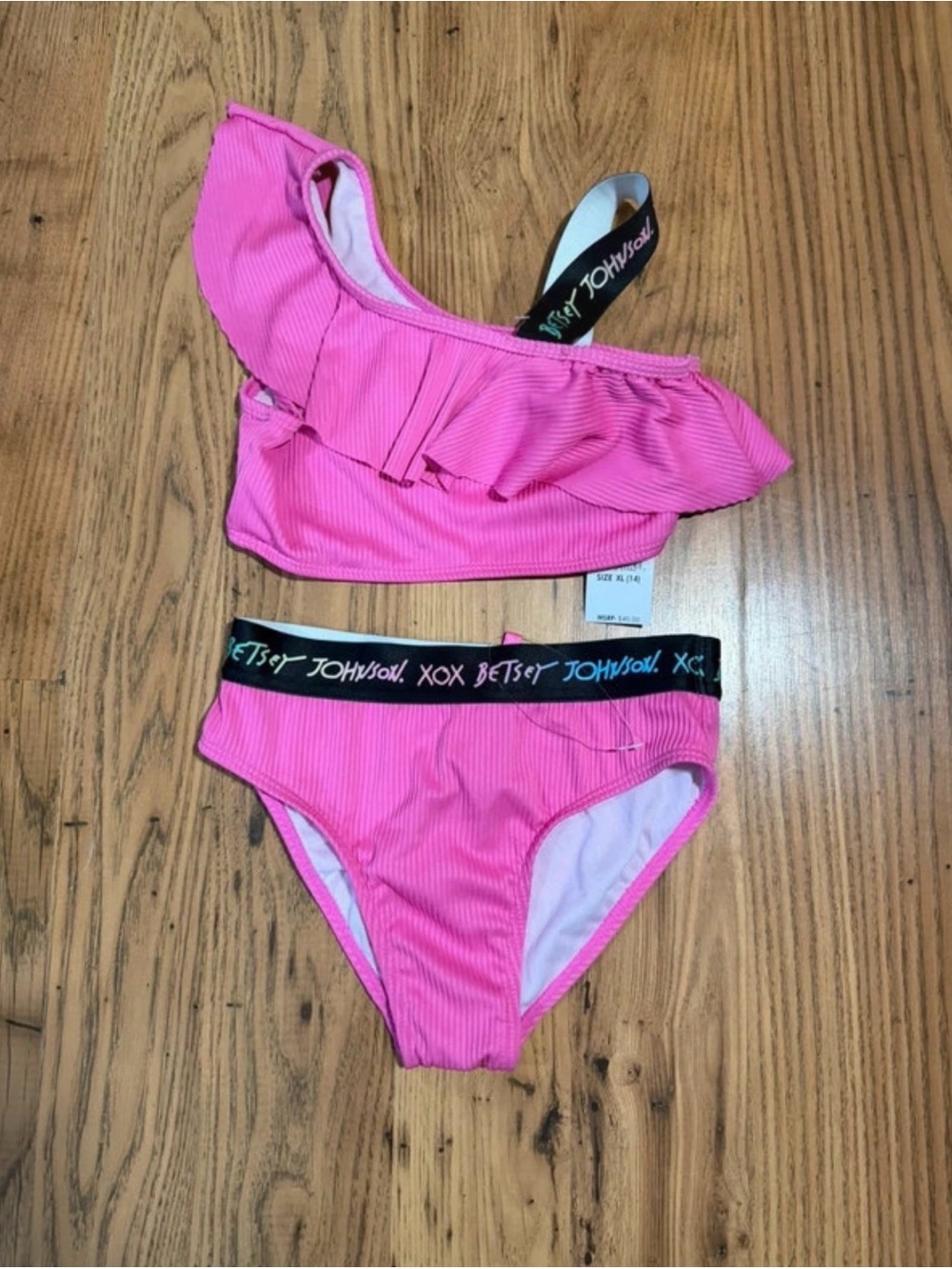 NWT Betsey Johnson Pink Ribbed One-Shoulder Ruffle Swimsuit Set XL 14